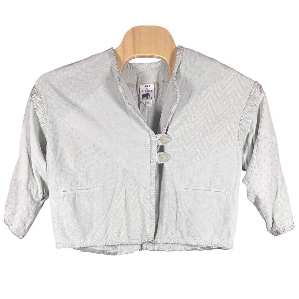 Max & Mabel Sage Green Patchwork Cropped Jacket Rayon Linen Size 2 Vintage Style